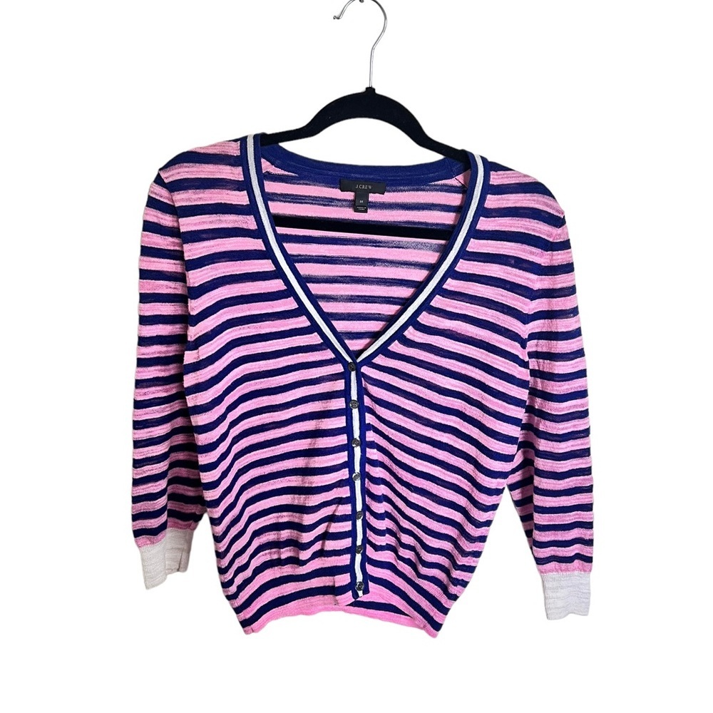 J Crew Blue and Pink Striped Lightweight Cardigan Size Medium
